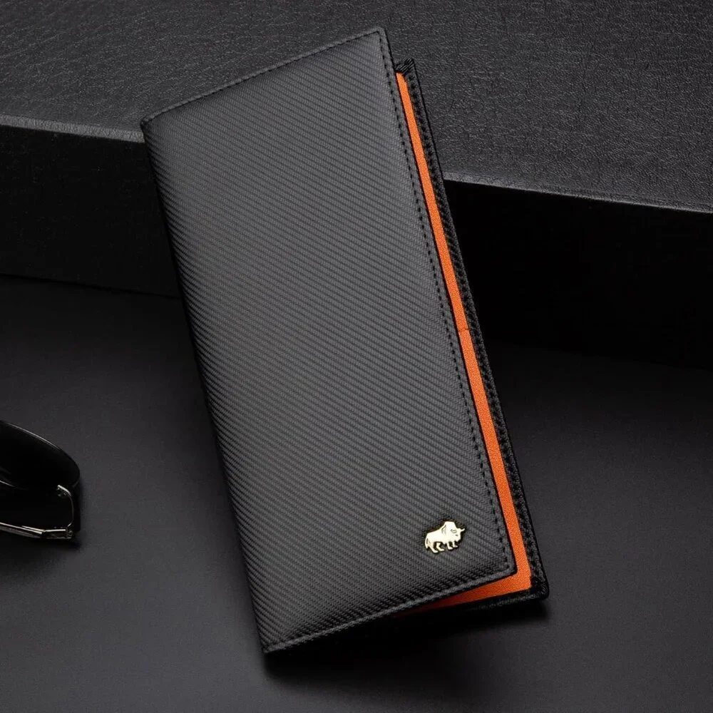 Men's Bifold Long Wallet Card Orange Real Leather Zipper Coin Pocket Design